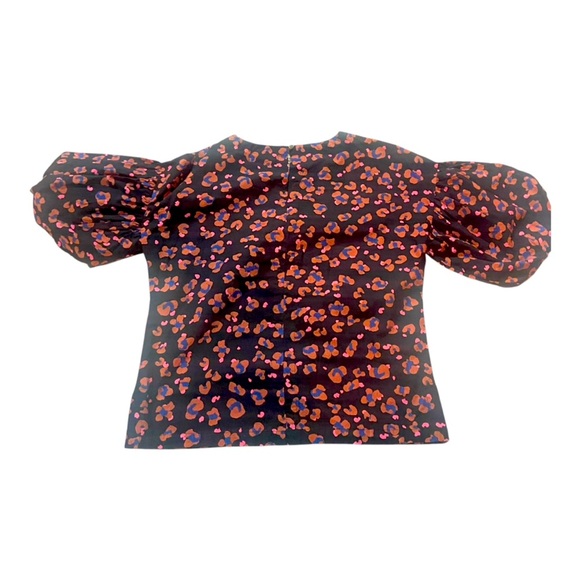 Oliphant Leopard Puff Sleeve Blouse Sz XS 100% Cotton Poplin - Picture 2 of 5